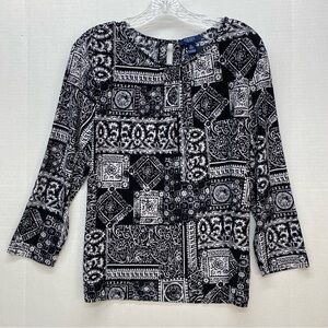 Chaps Womens Pullover Blouse Top Black White XL Modern Print 3/4 Sleeves Casual